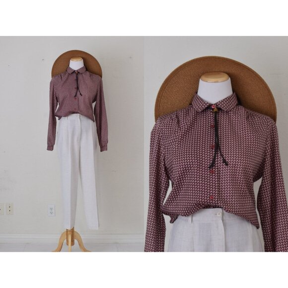 Panther Tops - Vintage 80s‎ Burgundy Ditsy Floral Polyester Button up Blouse by Panther